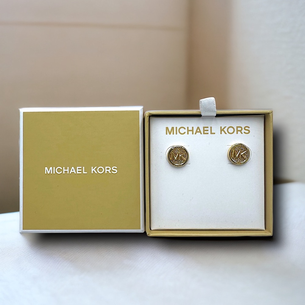 MICHAEL KORS boxed set logo earrings crystal accents gold brand new
